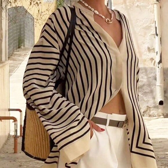 Multicolor Casual Women's Elegant Loose Fit Striped Blouse - Picture 3 of 6